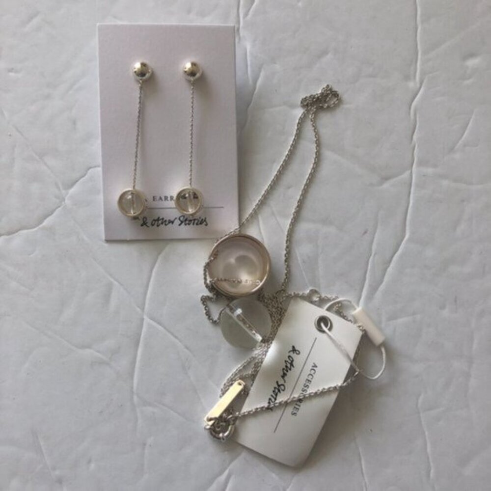 & OTHER STORIES Set of ORB PENDANT EARRINGS SILVER & Clear and Matched Necklace - Picture 8 of 11